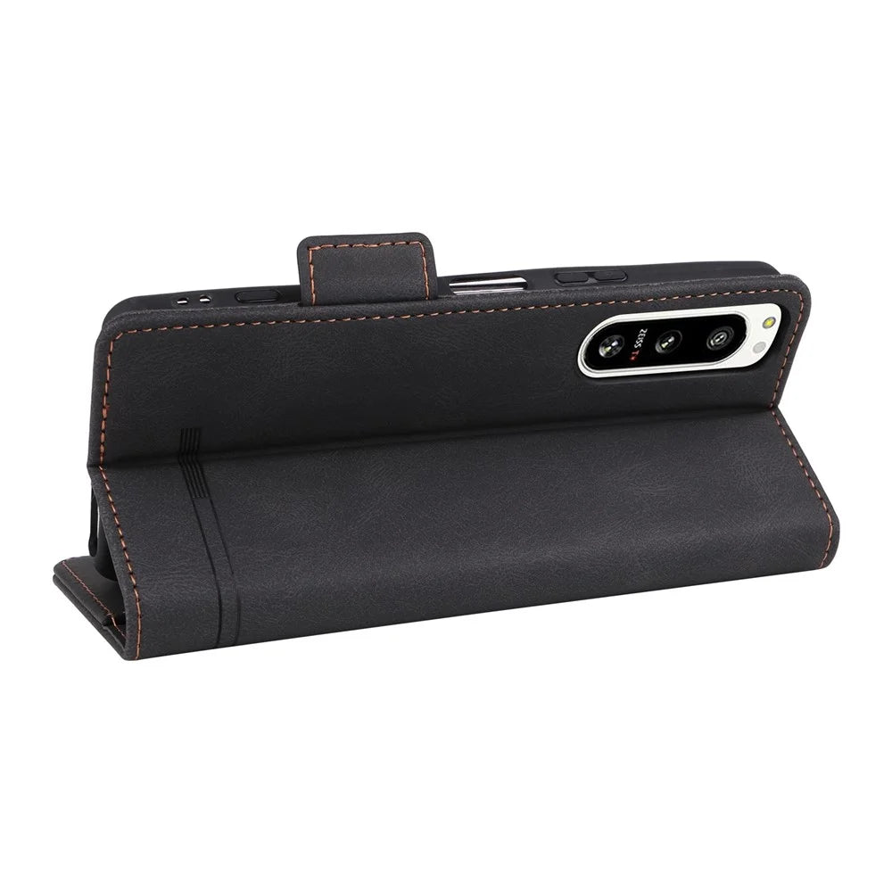 Hardware Decor Phone Case for Sony Xperia 5 IV 5G, Full Protection Dual Magnetic Clasp PU Leather Wallet Stand Phone Cover - Black - 4