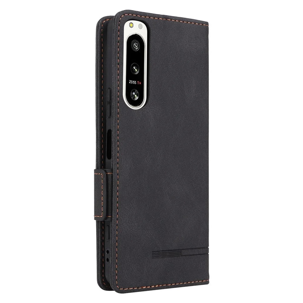 Hardware Decor Phone Case for Sony Xperia 5 IV 5G, Full Protection Dual Magnetic Clasp PU Leather Wallet Stand Phone Cover - Black - 6