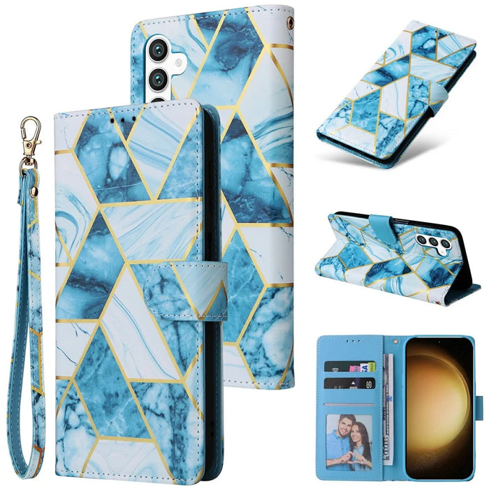 For Samsung Galaxy S25+ / S24+ Case Lacquered Marble Pattern Leather Phone Cover - Blue - 6