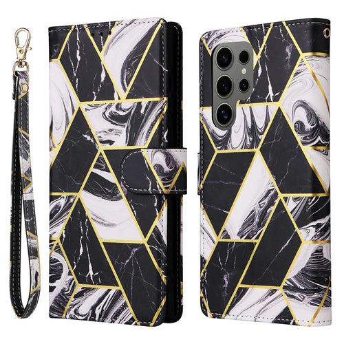 For Samsung Galaxy S25 Ultra Case Lacquered Marble Pattern Leather Phone Cover - Black - 1