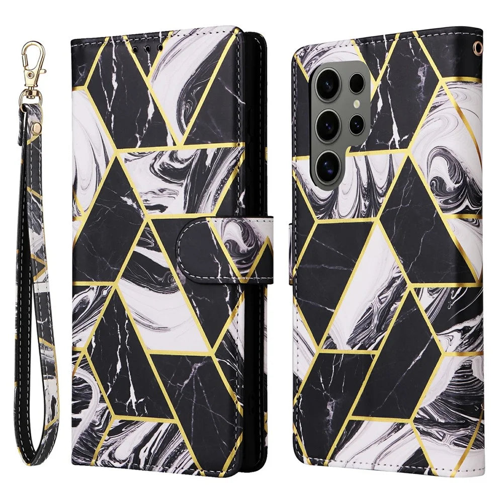 For Samsung Galaxy S25 Ultra Case Lacquered Marble Pattern Leather Phone Cover - Black - 1
