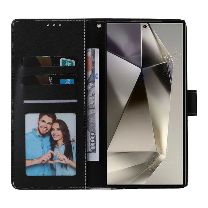 For Samsung Galaxy S25 Ultra Case Lacquered Marble Pattern Leather Phone Cover - Black - 2
