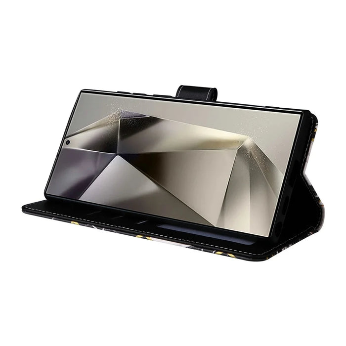 For Samsung Galaxy S25 Ultra Case Lacquered Marble Pattern Leather Phone Cover - Black - 3
