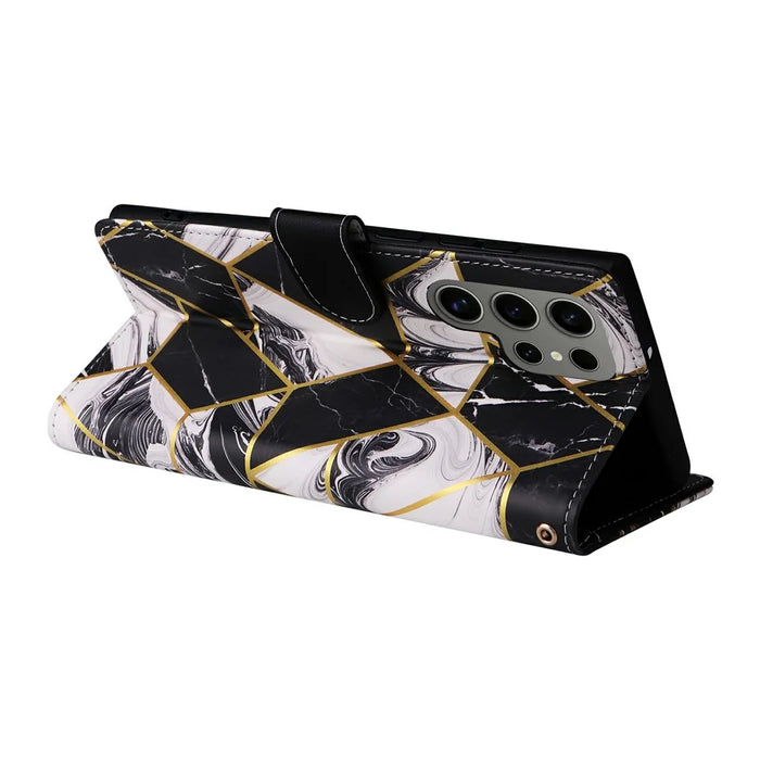 For Samsung Galaxy S25 Ultra Case Lacquered Marble Pattern Leather Phone Cover - Black - 4