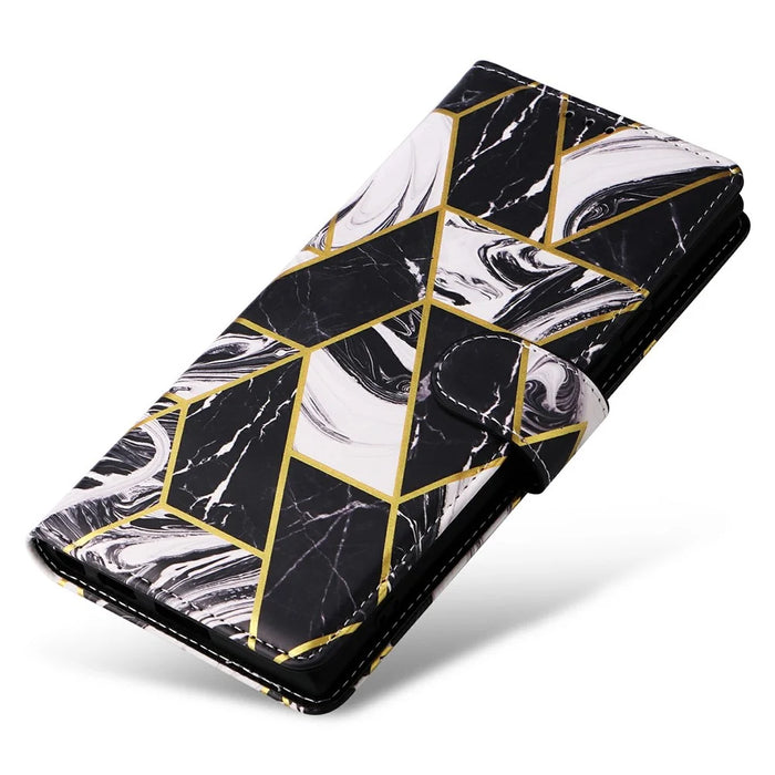 For Samsung Galaxy S25 Ultra Case Lacquered Marble Pattern Leather Phone Cover - Black - 5