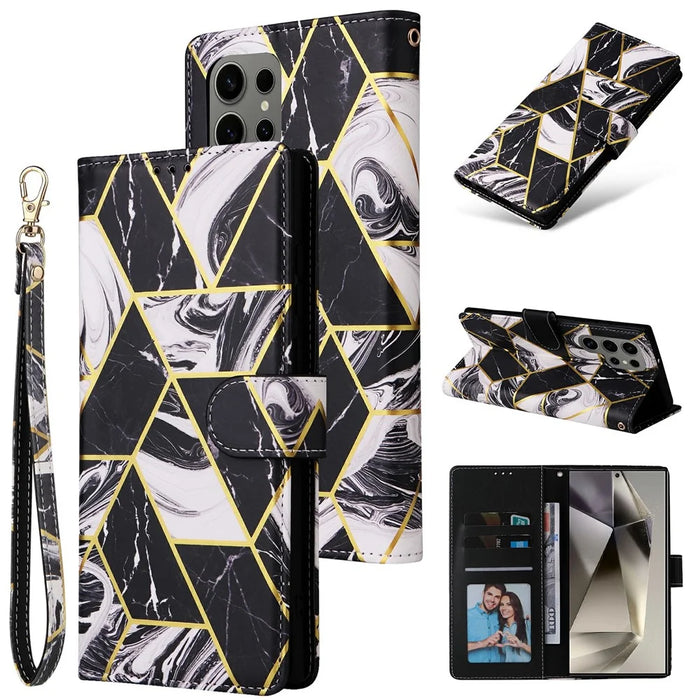 For Samsung Galaxy S25 Ultra Case Lacquered Marble Pattern Leather Phone Cover - Black - 6