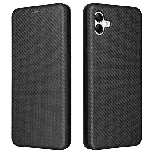 For Samsung Galaxy A04 4G (164.4 x 76.3 x 9.1 mm) Carbon Fiber Texture Smartphone Case Full Coverage PU Leather Magnetic Auto-absorbed Stand Card Holder Phone Shell - Black - 1