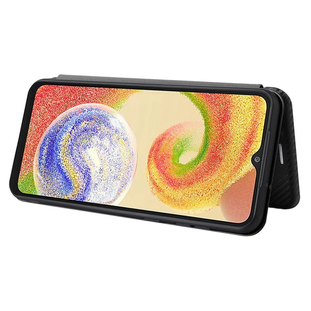 For Samsung Galaxy A04 4G (164.4 x 76.3 x 9.1 mm) Carbon Fiber Texture Smartphone Case Full Coverage PU Leather Magnetic Auto-absorbed Stand Card Holder Phone Shell - Black - 3