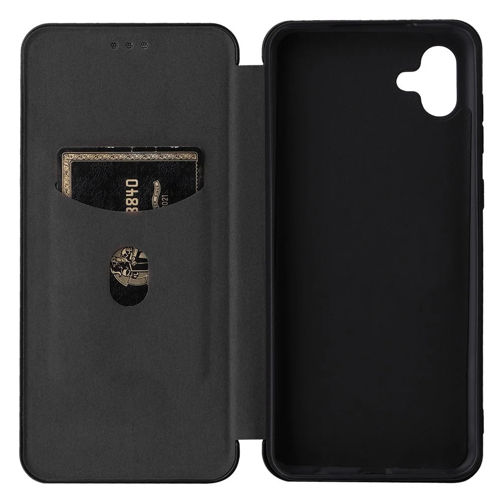 For Samsung Galaxy A04 4G (164.4 x 76.3 x 9.1 mm) Carbon Fiber Texture Smartphone Case Full Coverage PU Leather Magnetic Auto-absorbed Stand Card Holder Phone Shell - Black - 5