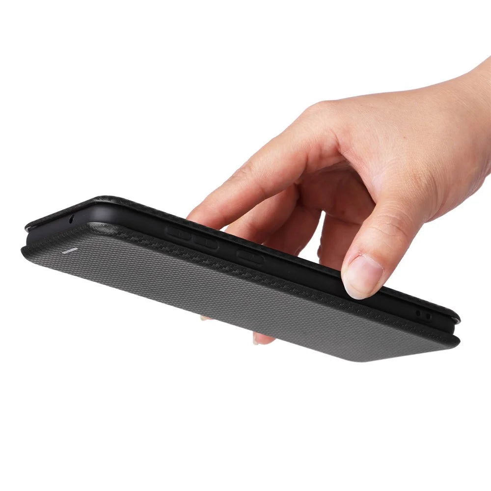 For Samsung Galaxy A04 4G (164.4 x 76.3 x 9.1 mm) Carbon Fiber Texture Smartphone Case Full Coverage PU Leather Magnetic Auto-absorbed Stand Card Holder Phone Shell - Black - 6