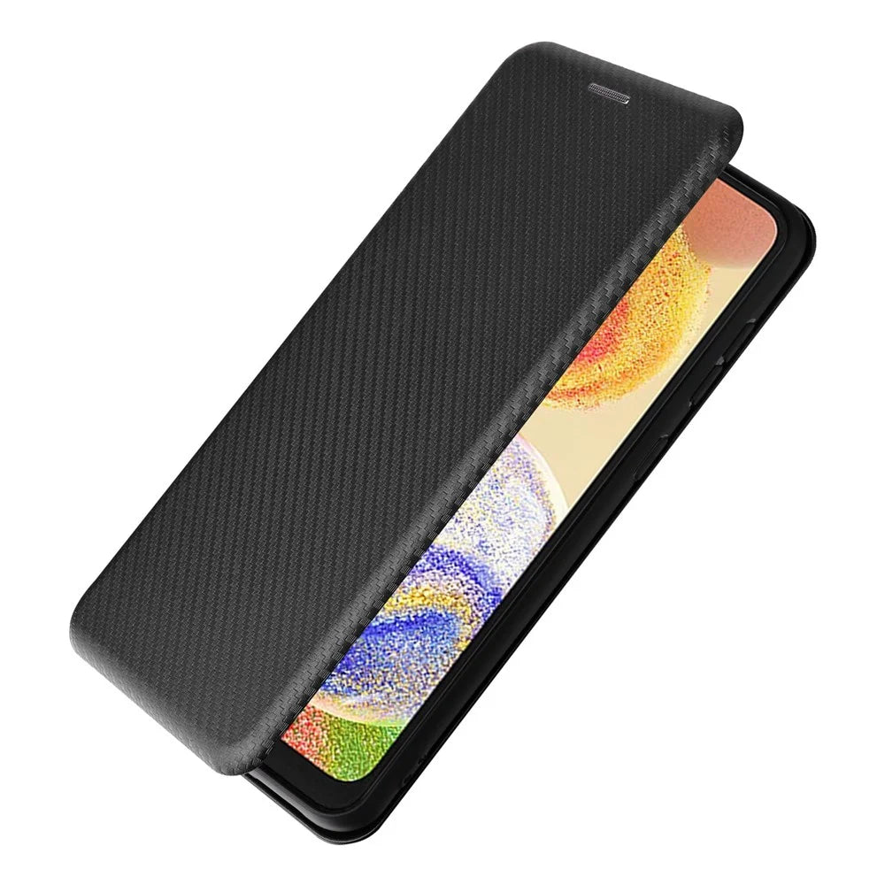 For Samsung Galaxy A04 4G (164.4 x 76.3 x 9.1 mm) Carbon Fiber Texture Smartphone Case Full Coverage PU Leather Magnetic Auto-absorbed Stand Card Holder Phone Shell - Black - 7