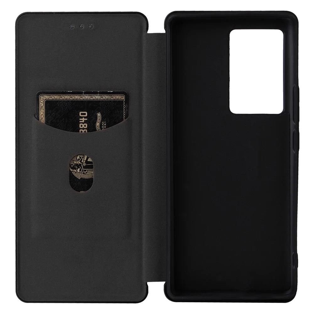 For ZTE Axon 40 Pro 5G Carbon Fiber Texture Smartphone Case PU Leather Magnetic Auto-absorbed Stand Card Holder Well-protected Phone Shell - Black - 5