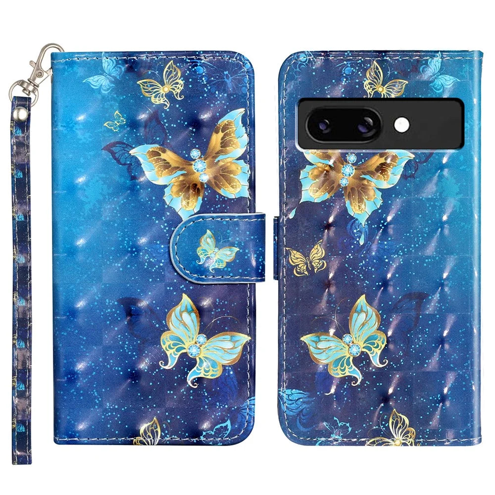 For Google Pixel 9a Case 3D Pattern Printed Phone Leather Phone Cover - Blue Gold Butterflies - 1