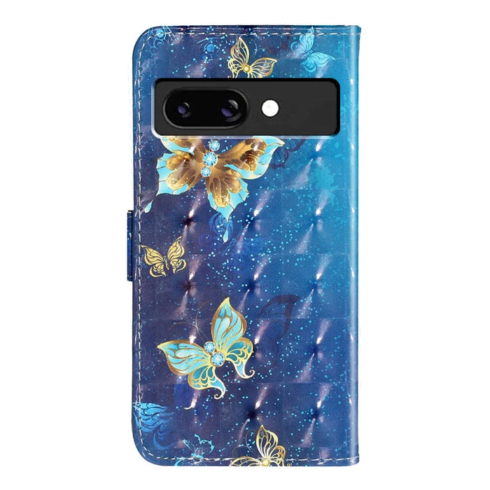 For Google Pixel 9a Case 3D Pattern Printed Phone Leather Phone Cover - Blue Gold Butterflies - 6
