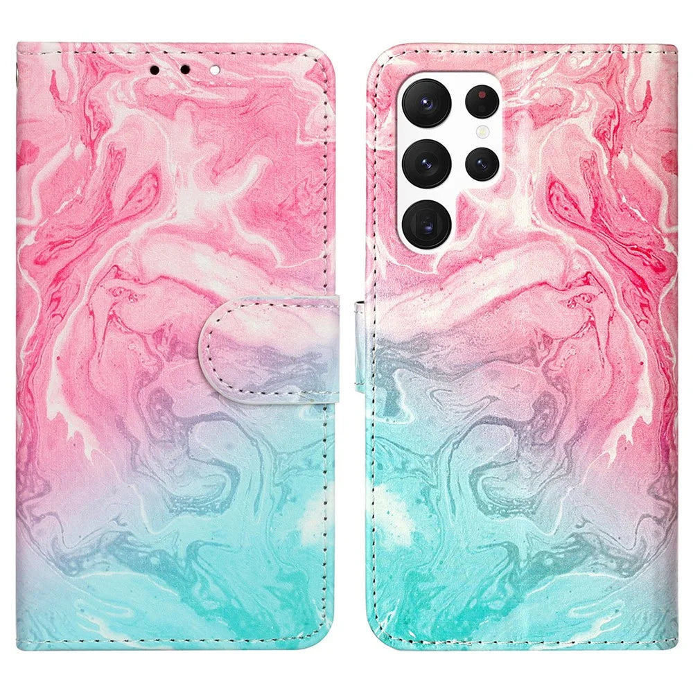 For Samsung Galaxy S25 Ultra Case Pattern PU Leather Flip Phone Cover - Pink Green Marble - 1