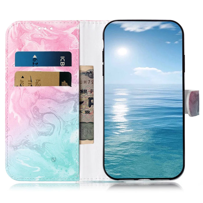 For Samsung Galaxy S25 Ultra Case Pattern PU Leather Flip Phone Cover - Pink Green Marble - 2