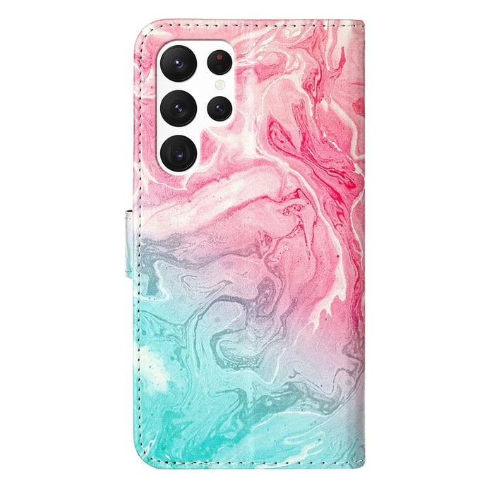 For Samsung Galaxy S25 Ultra Case Pattern PU Leather Flip Phone Cover - Pink Green Marble - 6
