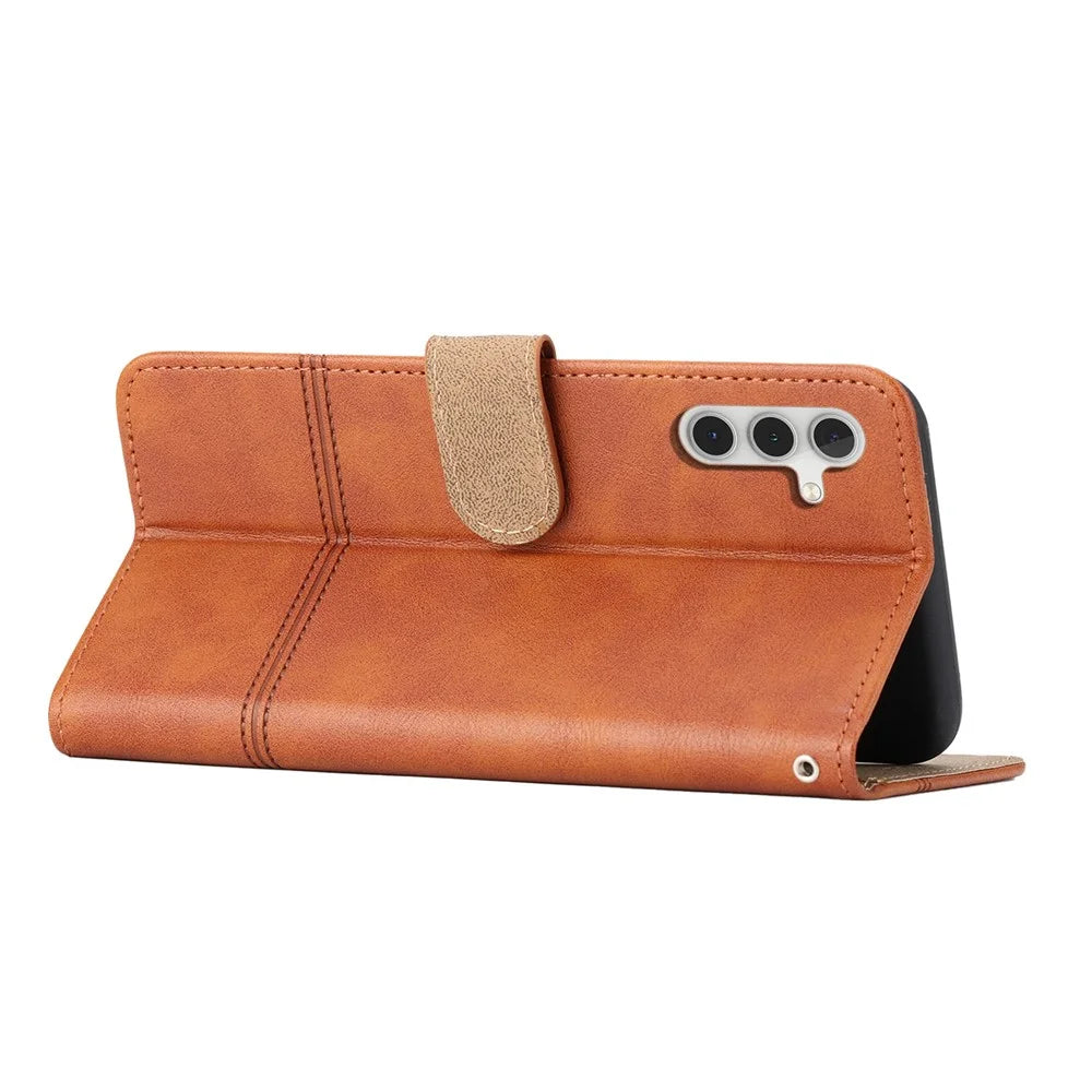 For Samsung Galaxy A18 5G / A18 4G / A17 5G / A17 4G / A26 5G Case Line Imprinted PU Leather Wallet Phone Cover - Brown - 2