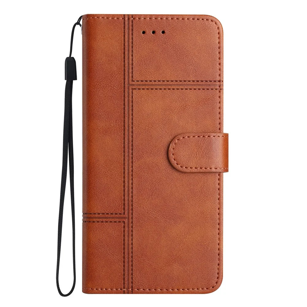 For Samsung Galaxy A18 5G / A18 4G / A17 5G / A17 4G / A26 5G Case Line Imprinted PU Leather Wallet Phone Cover - Brown - 7