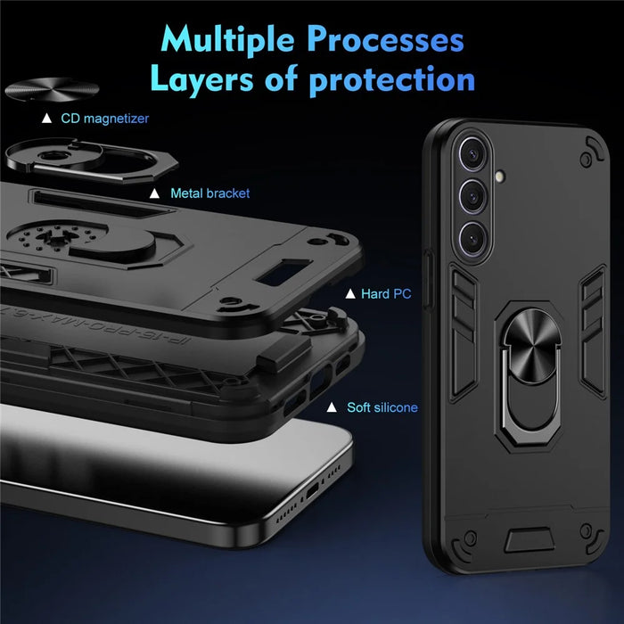 For Samsung Galaxy S25+ Case PC+TPU Drop Defend Phone Cover with Ring Kickstand - Black - 6