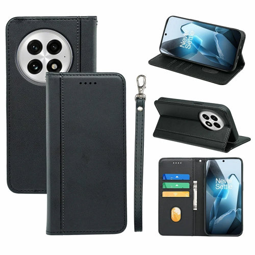 HX01 For OnePlus 13 Wallet Case Magnetic Closing PU Leather Phone Cover - Black - 1