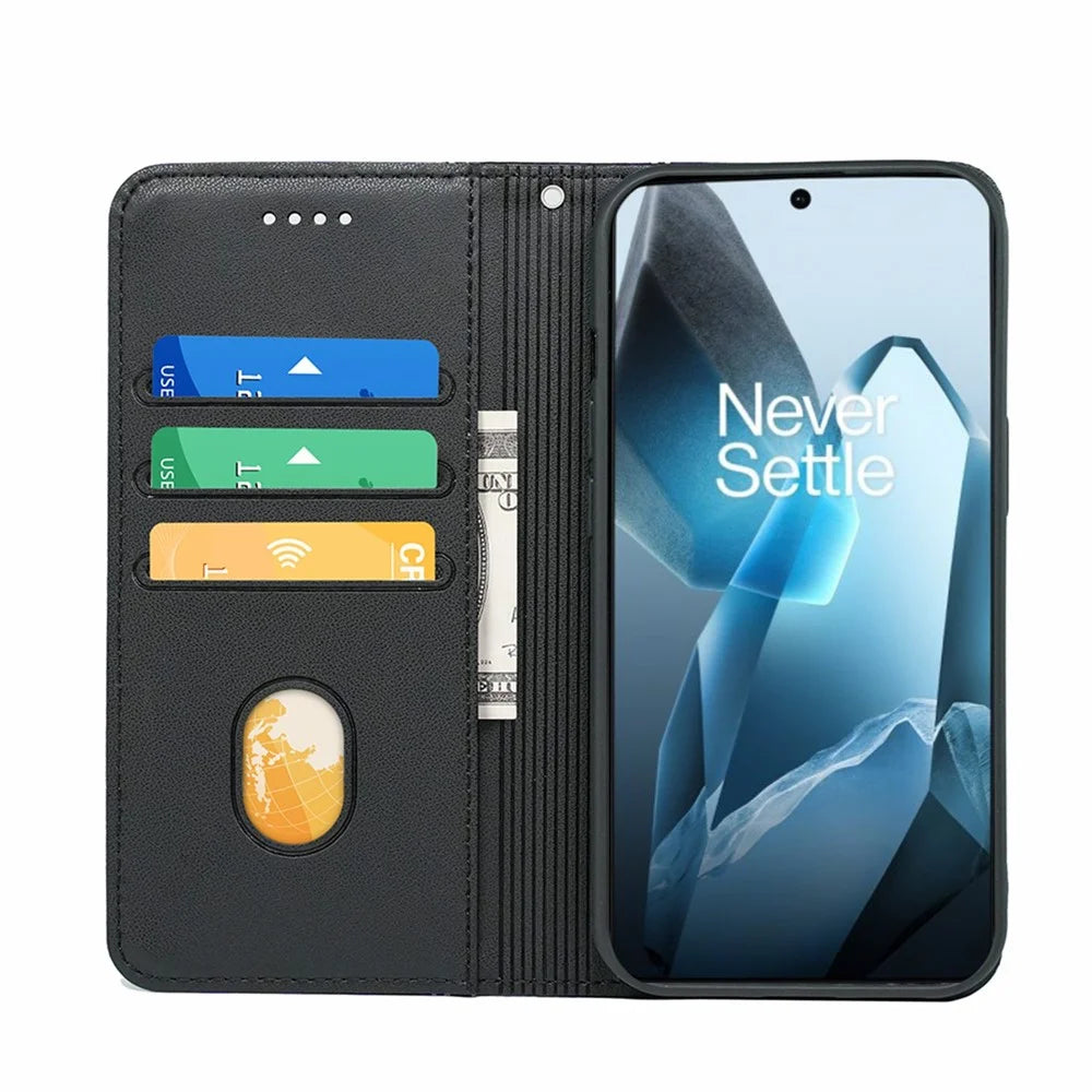 HX01 For OnePlus 13 Wallet Case Magnetic Closing PU Leather Phone Cover - Black - 2