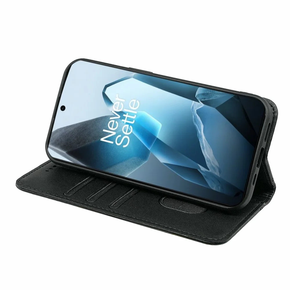 HX01 For OnePlus 13 Wallet Case Magnetic Closing PU Leather Phone Cover - Black - 3
