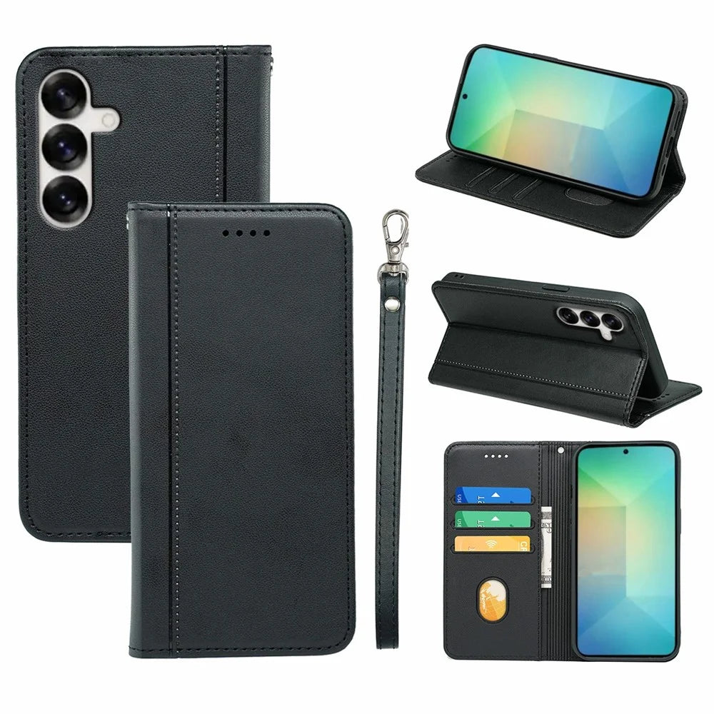 HX01 For Samsung Galaxy S25 Wallet Case Magnetic Closing PU Leather Phone Cover - Black - 1