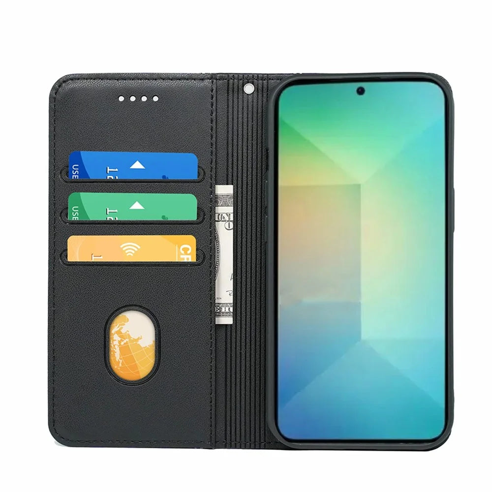 HX01 For Samsung Galaxy S25 Wallet Case Magnetic Closing PU Leather Phone Cover - Black - 2