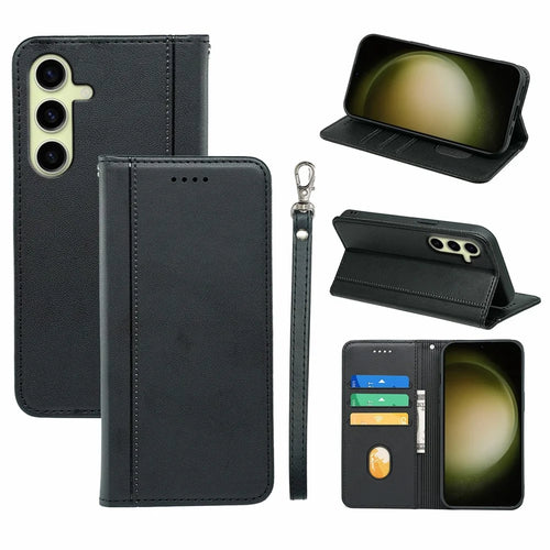 HX01 For Samsung Galaxy S25+ Wallet Case Magnetic Closing PU Leather Phone Cover - Black - 1