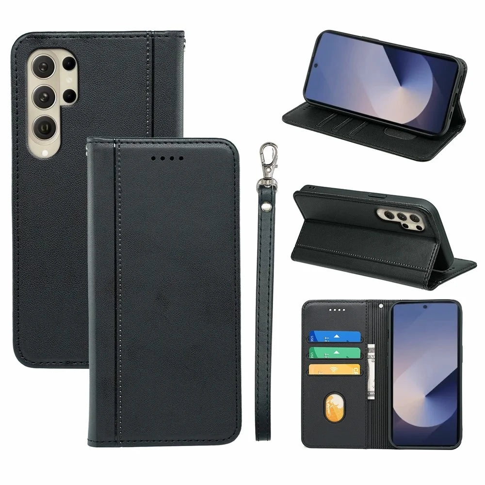 HX01 For Samsung Galaxy S25 Ultra Wallet Case Magnetic Closing PU Leather Phone Cover - Black - 1