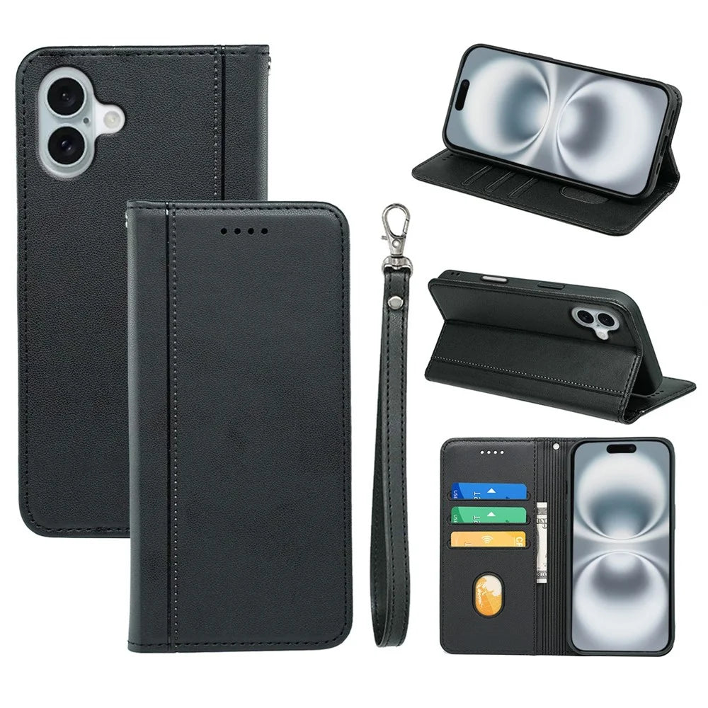 HX01 For iPhone 16 Wallet Case Magnetic Closing PU Leather Phone Cover - Black - 1