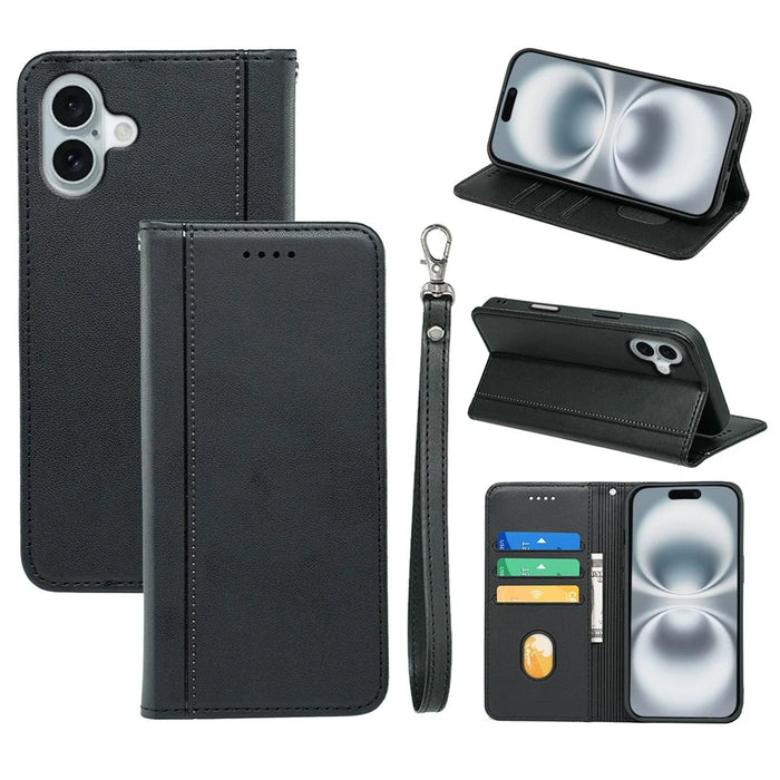 HX01 For iPhone 16 Wallet Case Magnetic Closing PU Leather Phone Cover - Black - 1