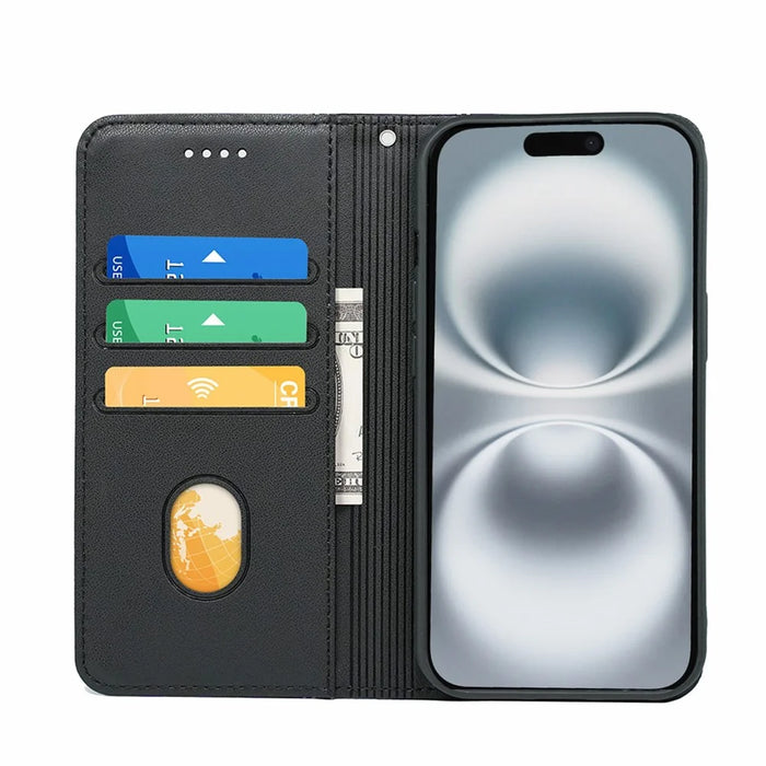 HX01 For iPhone 16 Wallet Case Magnetic Closing PU Leather Phone Cover - Black - 2