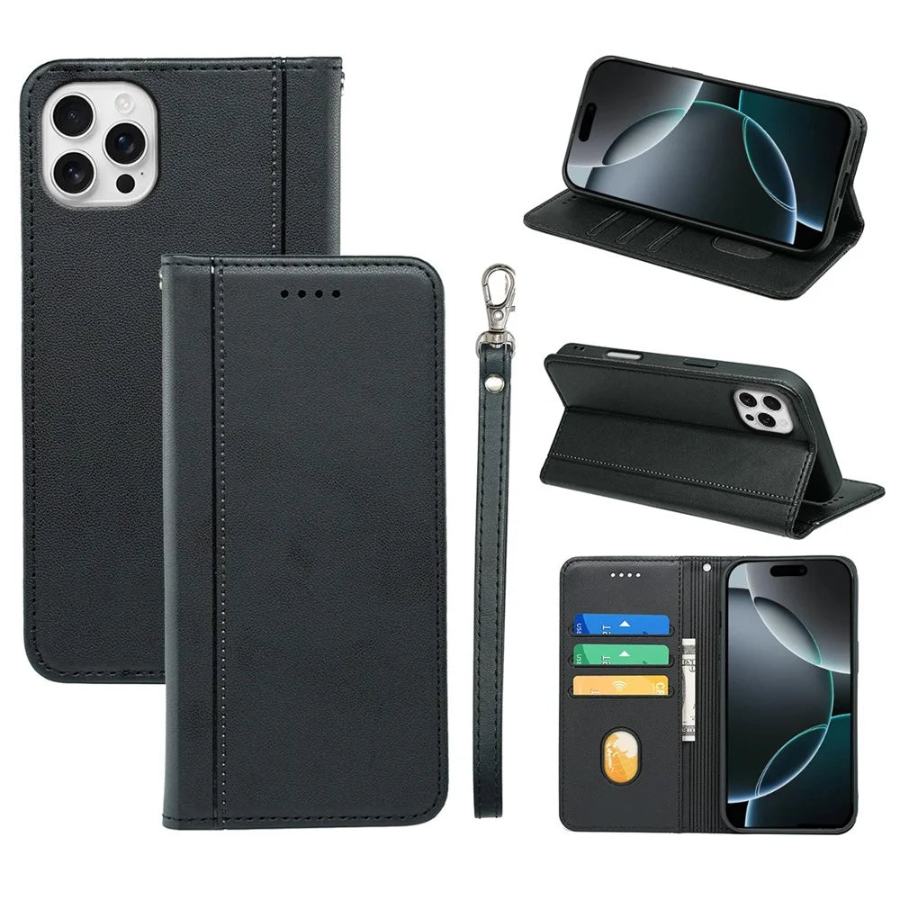 HX01 For iPhone 16 Pro Wallet Case Magnetic Closing PU Leather Phone Cover - Black - 1