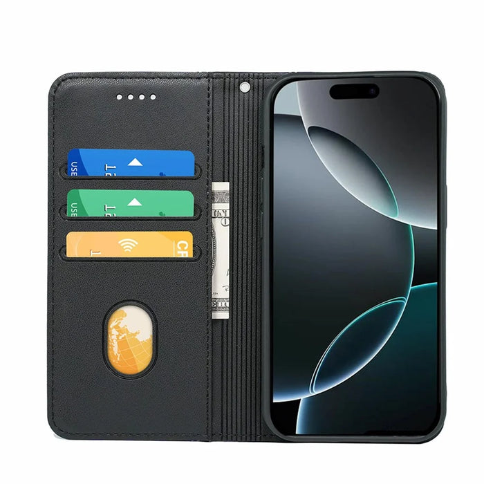HX01 For iPhone 16 Pro Wallet Case Magnetic Closing PU Leather Phone Cover - Black - 2