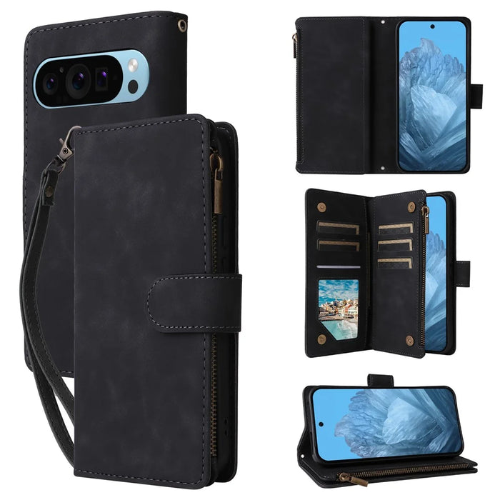 For Google Pixel 9 Pro / Pixel 9 Case Zipper Wallet Multiple Card Slots Leather Phone Cover - Black - 1