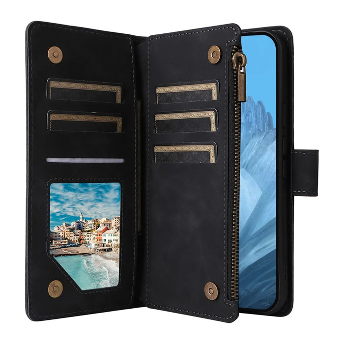 For Google Pixel 9 Pro / Pixel 9 Case Zipper Wallet Multiple Card Slots Leather Phone Cover - Black - 3
