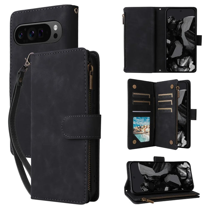 For Google Pixel 9 Pro XL Case Zipper Wallet Multiple Card Slots Leather Phone Cover - Black - 1