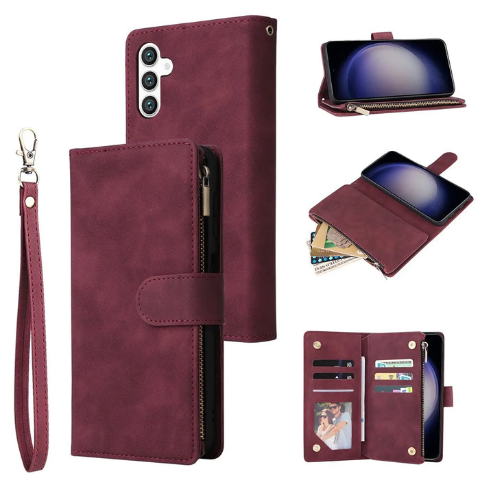 For Samsung Galaxy S25 / S24 Case Zipper Wallet Multiple Card Slots Leather Phone Cover - Wine Red - 1