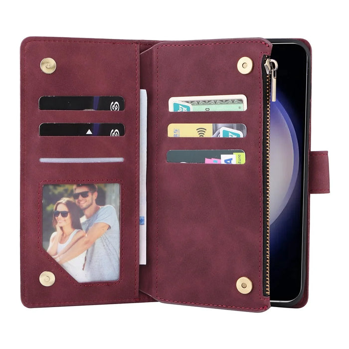 For Samsung Galaxy S25 / S24 Case Zipper Wallet Multiple Card Slots Leather Phone Cover - Wine Red - 2