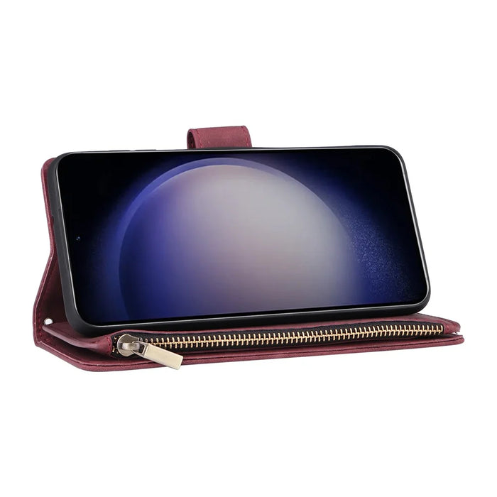 For Samsung Galaxy S25 / S24 Case Zipper Wallet Multiple Card Slots Leather Phone Cover - Wine Red - 5