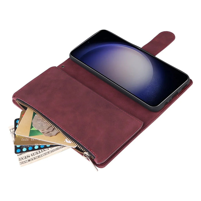 For Samsung Galaxy S25 / S24 Case Zipper Wallet Multiple Card Slots Leather Phone Cover - Wine Red - 6