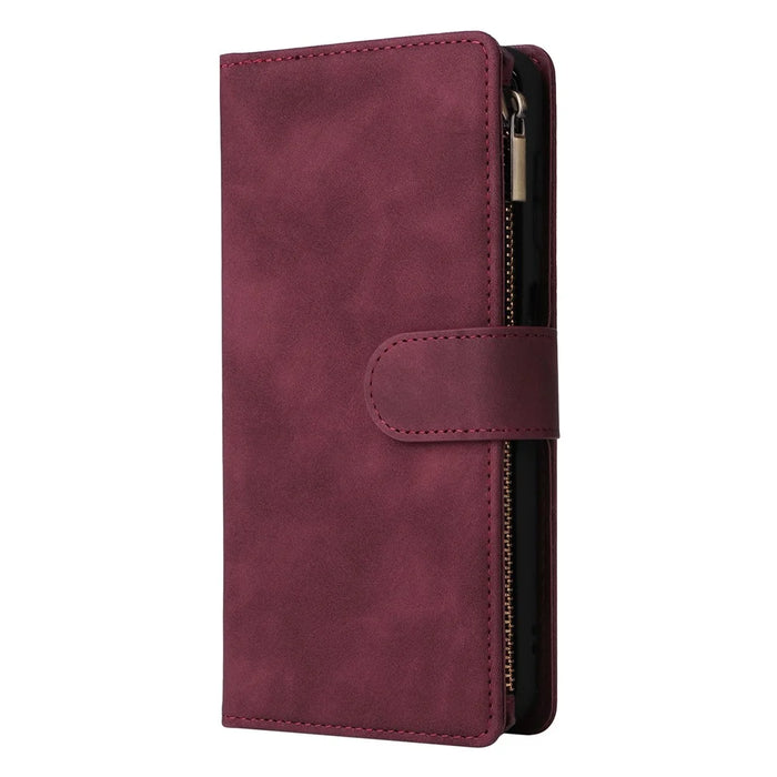 For Samsung Galaxy S25 / S24 Case Zipper Wallet Multiple Card Slots Leather Phone Cover - Wine Red - 7