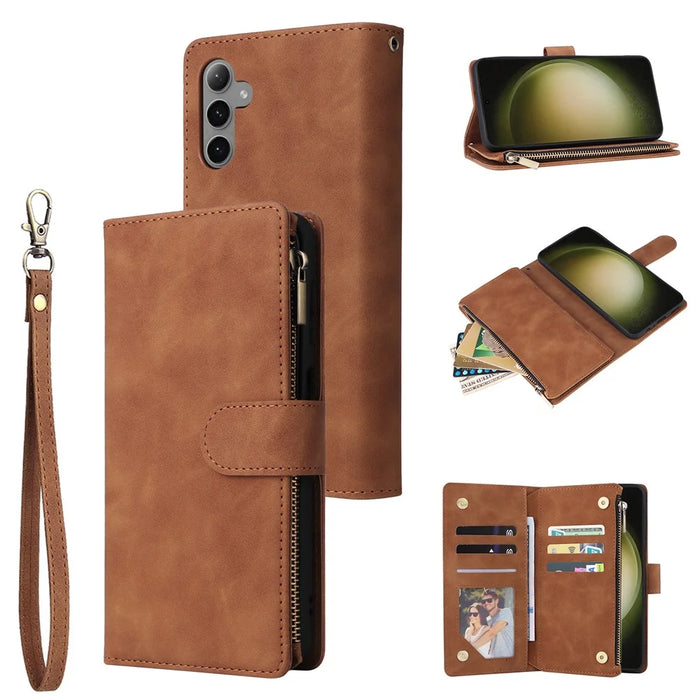 For Samsung Galaxy S25+ / S24+ Case Zipper Wallet Multiple Card Slots Leather Phone Cover - Brown - 1