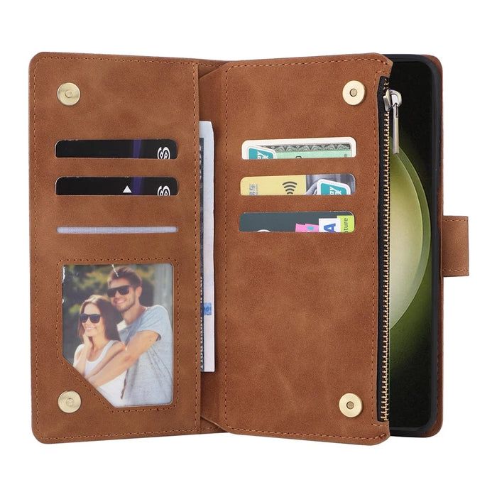 For Samsung Galaxy S25+ / S24+ Case Zipper Wallet Multiple Card Slots Leather Phone Cover - Brown - 2