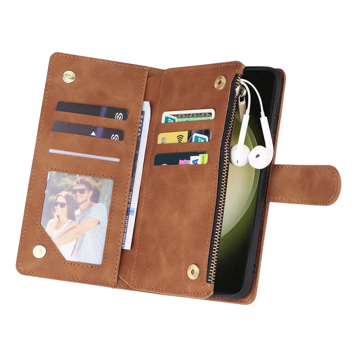 For Samsung Galaxy S25+ / S24+ Case Zipper Wallet Multiple Card Slots Leather Phone Cover - Brown - 4