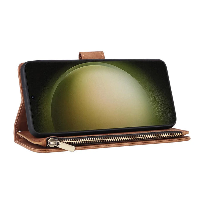 For Samsung Galaxy S25+ / S24+ Case Zipper Wallet Multiple Card Slots Leather Phone Cover - Brown - 5