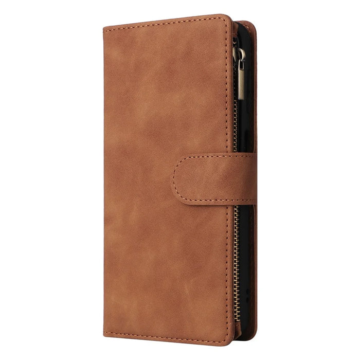 For Samsung Galaxy S25+ / S24+ Case Zipper Wallet Multiple Card Slots Leather Phone Cover - Brown - 7