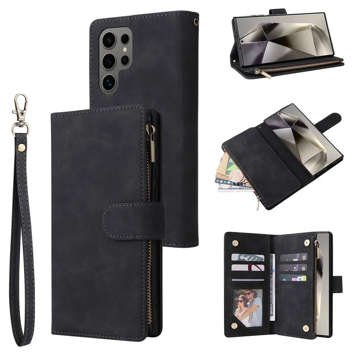 For Samsung Galaxy S25 Ultra Case Zipper Wallet Multiple Card Slots Leather Phone Cover - Black - 1